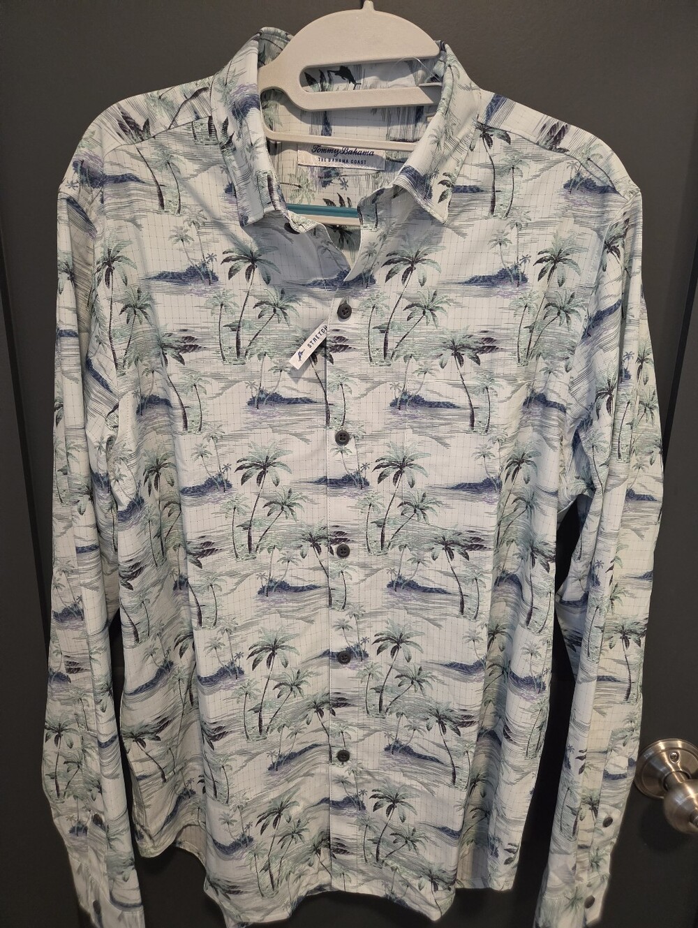 Tommy Bahama Mens Light Blue & Green Palm-Print Long Sleeve Golf Cooling Shirt